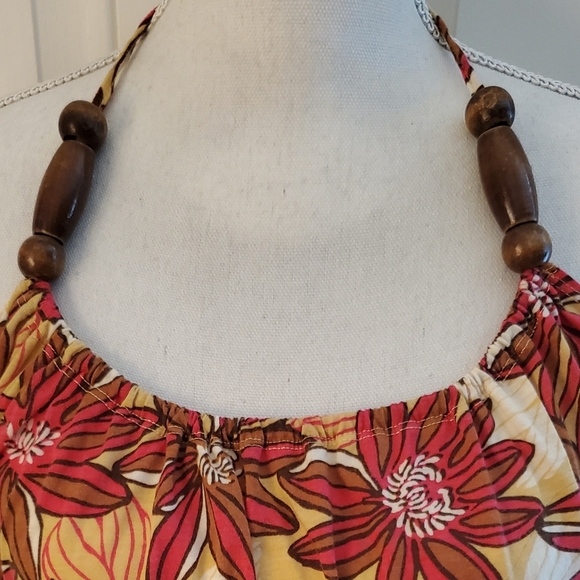 Eyeshadow Sleeveless Boho Halter Pink & Brown Floral Top Wood Bead Neck Size XL - Picture 3 of 6